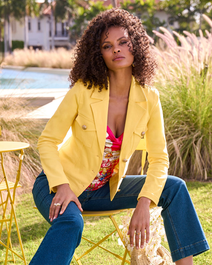 Modern Length Crest Button Luxe Denim Jacket Lemon Drop
