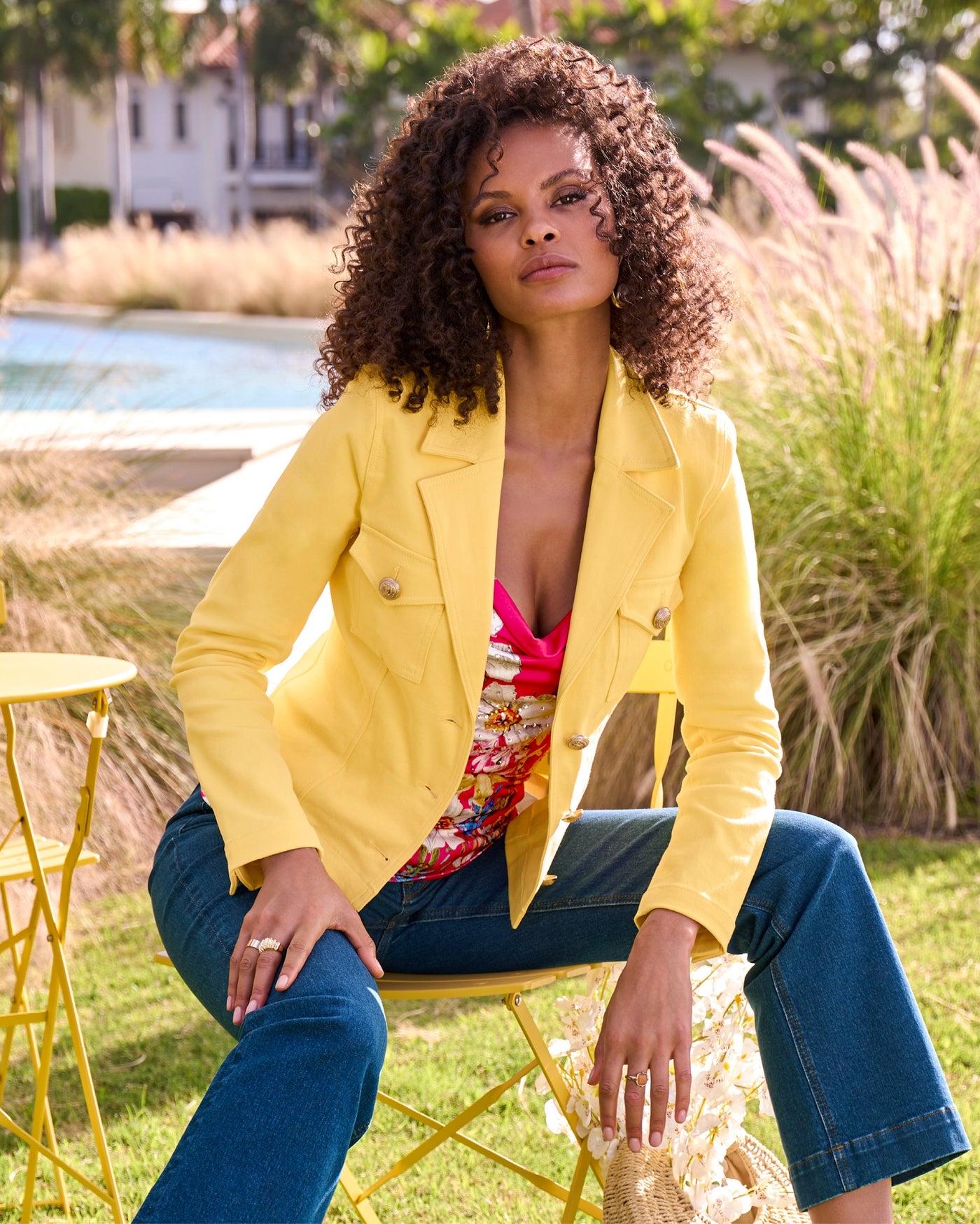 Modern Length Crest Button Luxe Denim Jacket Lemon Drop