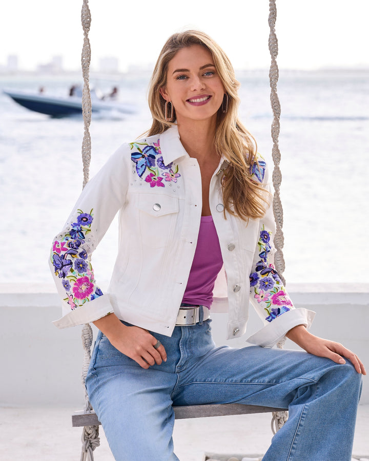 Floral Embroidered Denim Jacket White