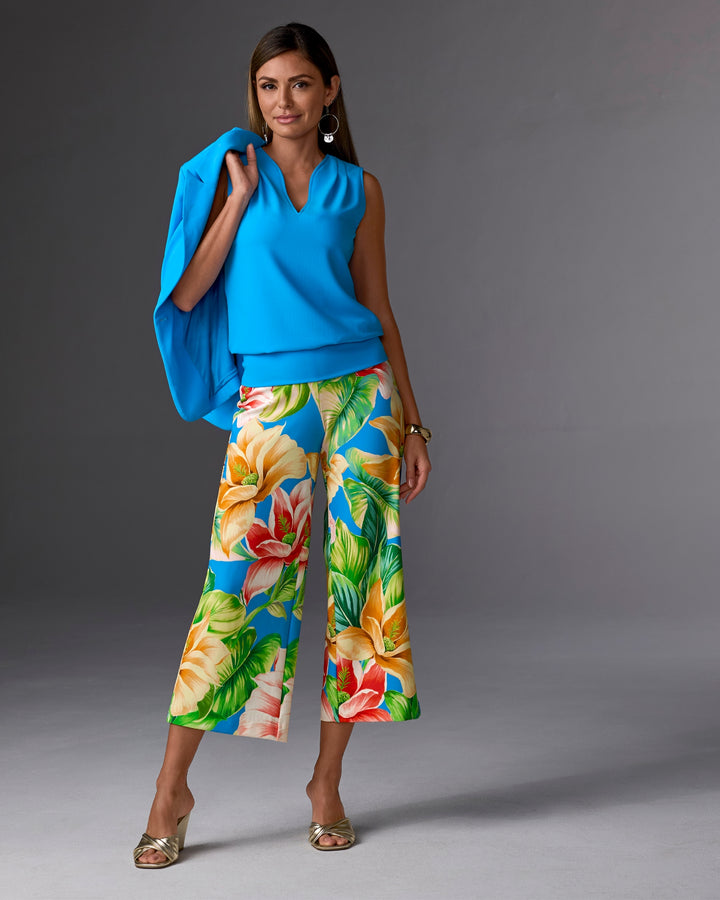 Beyond Travel Wide Leg Crop Print Pant Blue Multi