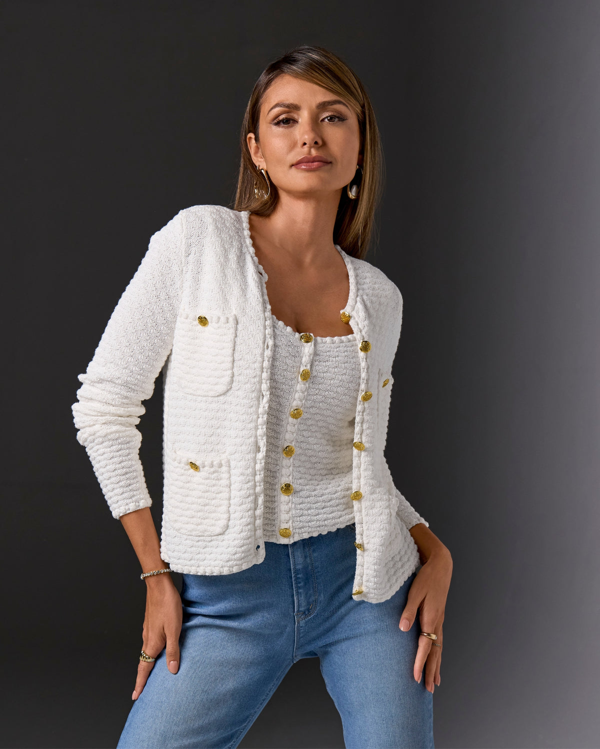 Button Detail Pocket Sweater Cardigan Off White