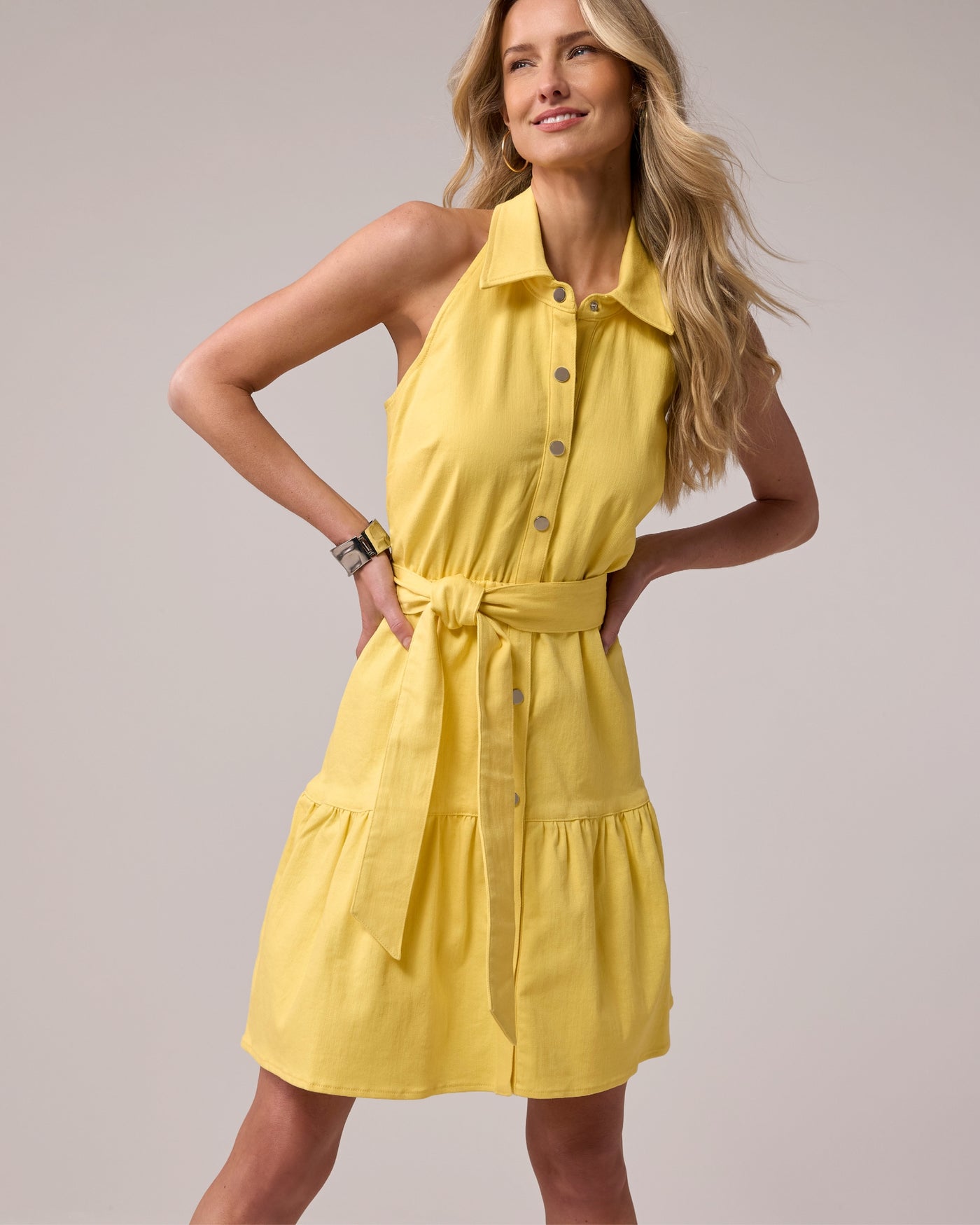 Collared Denim A Line Dress Lemon Drop