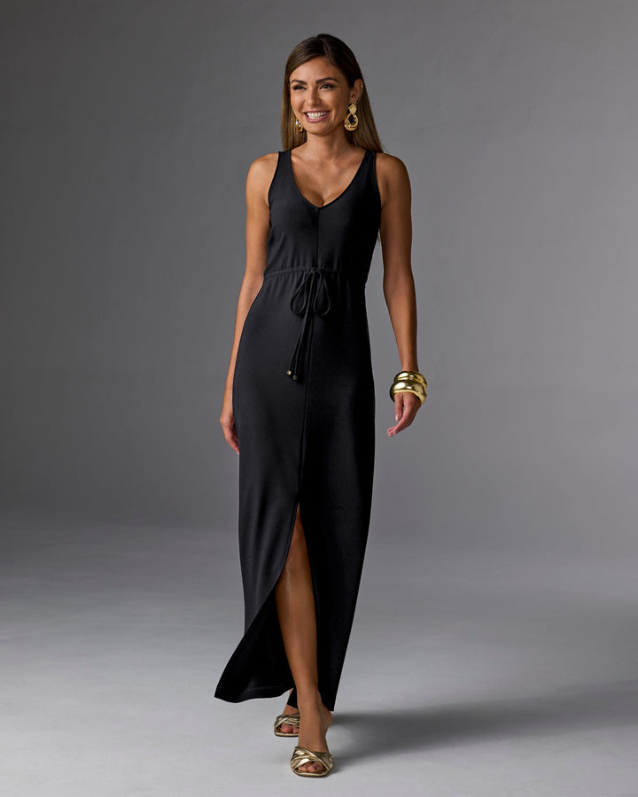 Beyond Travel Sleeveless Drawstring Maxi Dress Jet Black