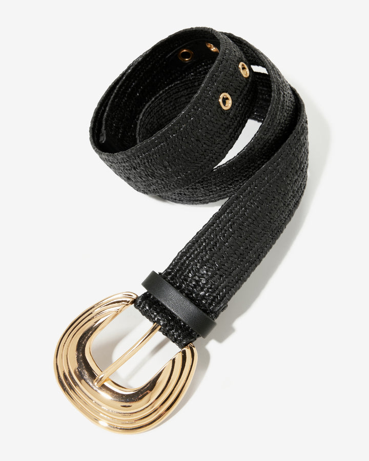 Raffia Carved Metallic Buckle Belt Black