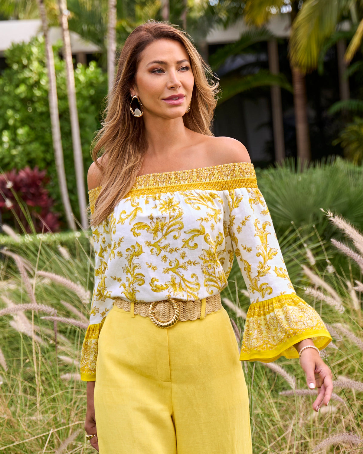 Off The Shoulder Linen Print Blouse Regal Tiles