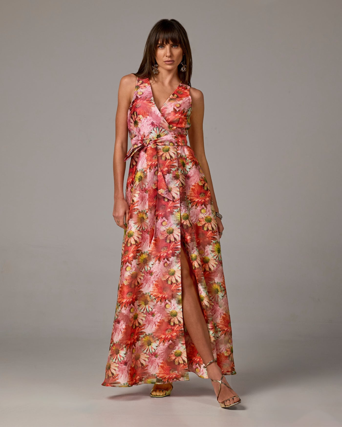 Floral Print Organza Sleeveless Gown Pink Multi