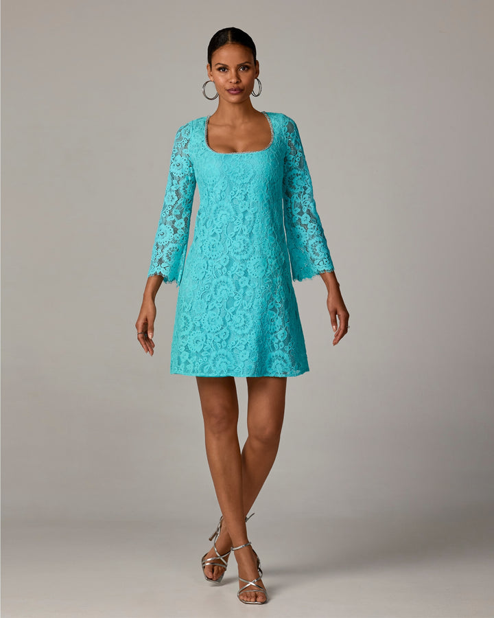 Delicate Lace Crystal Trim A Line Dress Blue Radiance