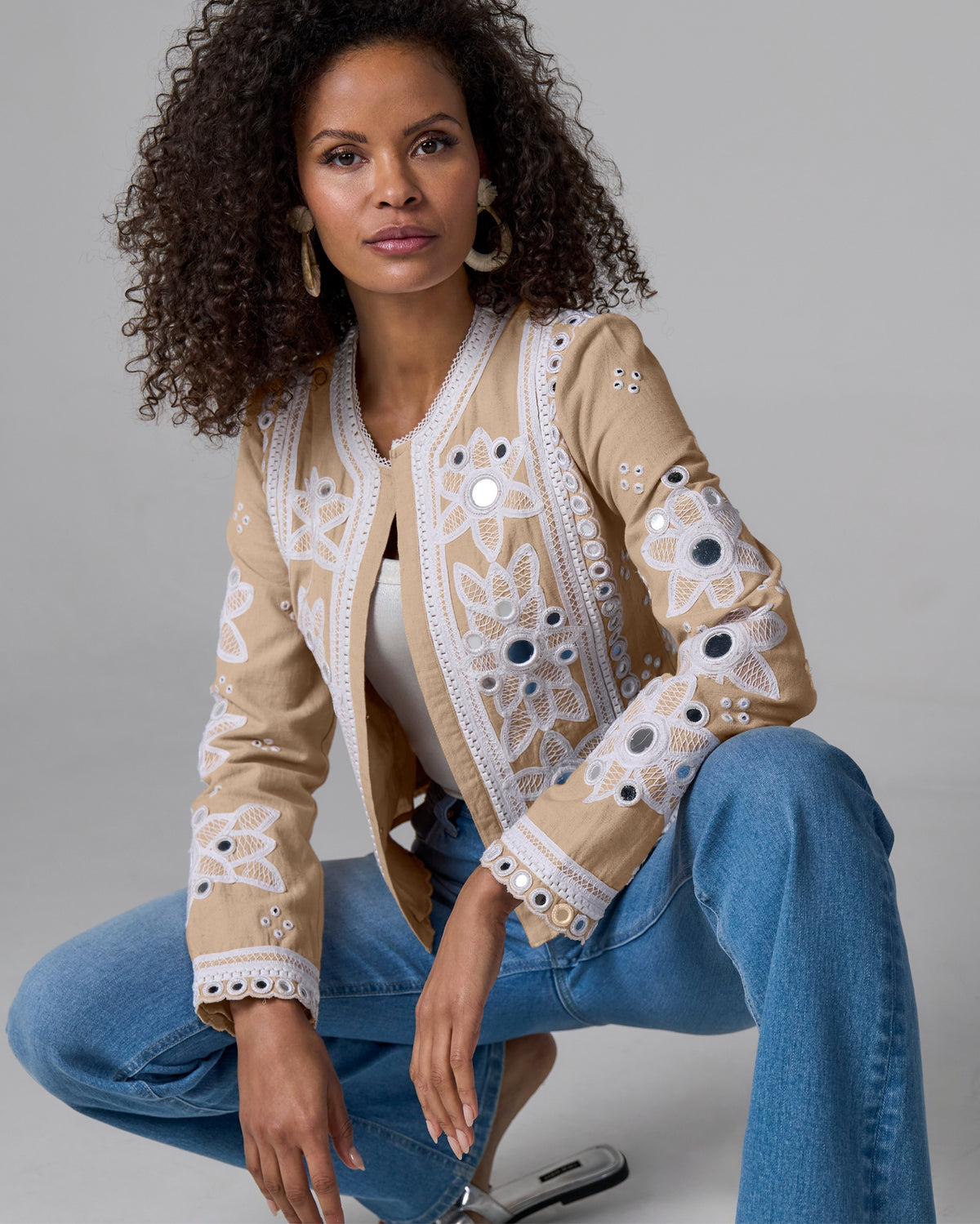 Mirror Embellished and Embroidered Linen Jacket Sesame