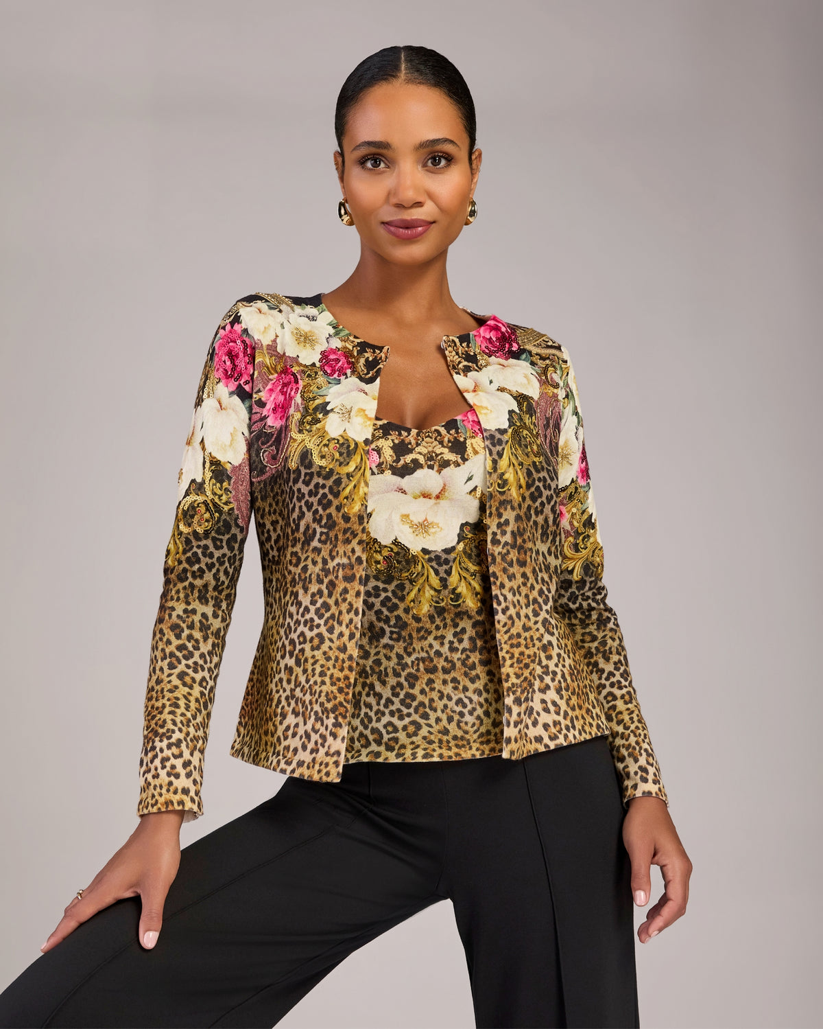 Printed Embellished Cardigan Cheetah Bloom Scrolls