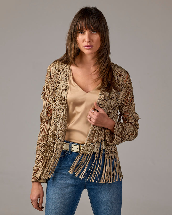 Macrame Fringe Cardigan Sesame