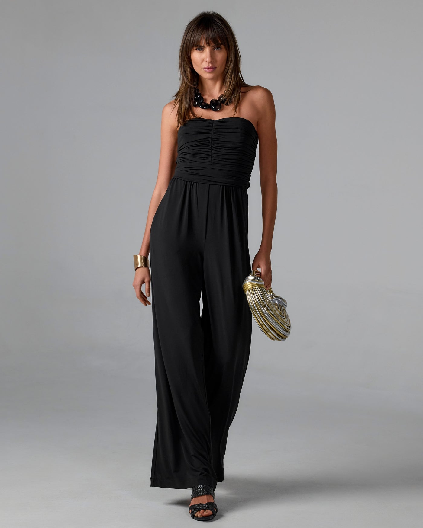 Strapless Ruched Wide Leg Knit Jumpsuit Black