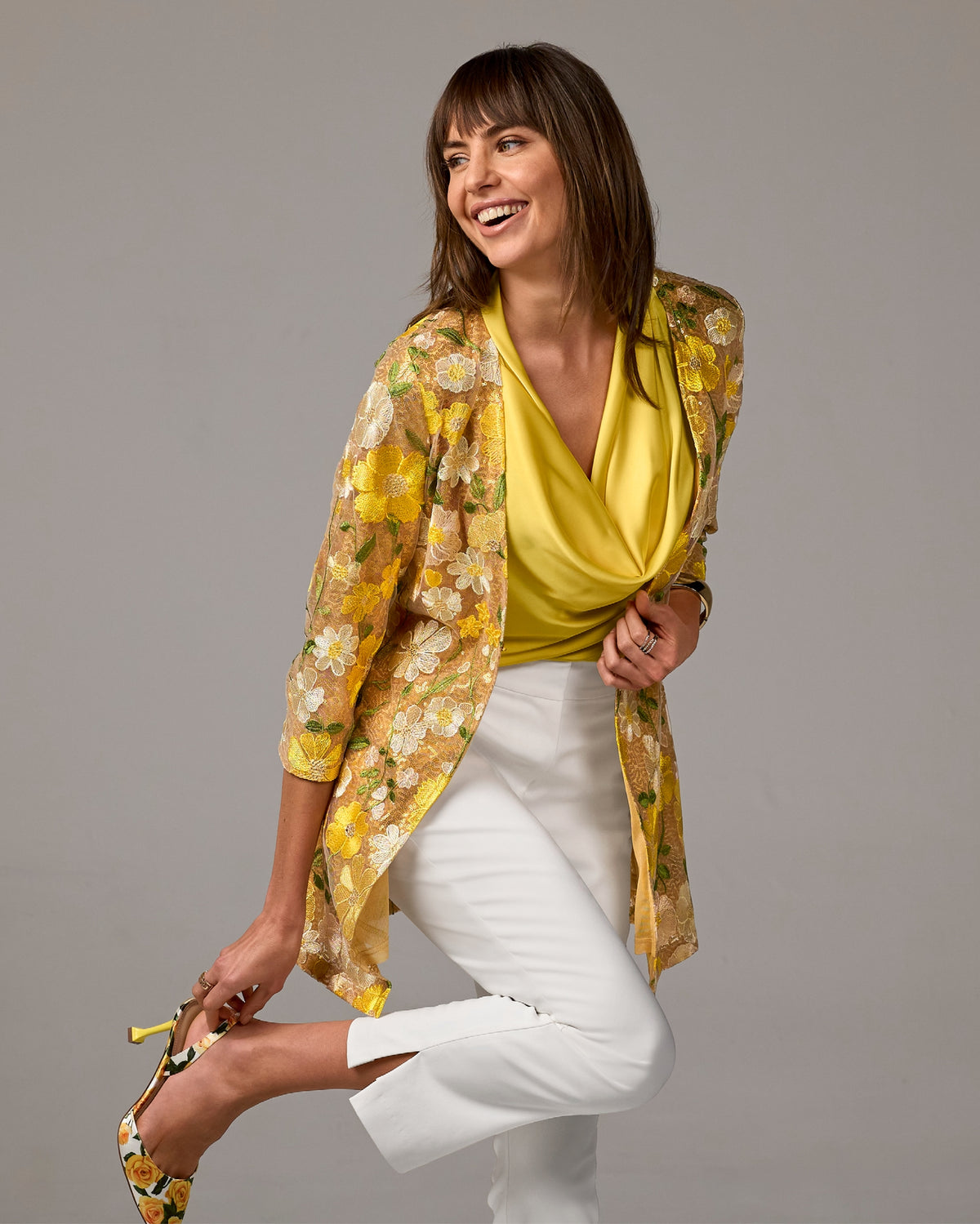 Sequin Embroidered Mesh Hip Length Duster Yellow Multi