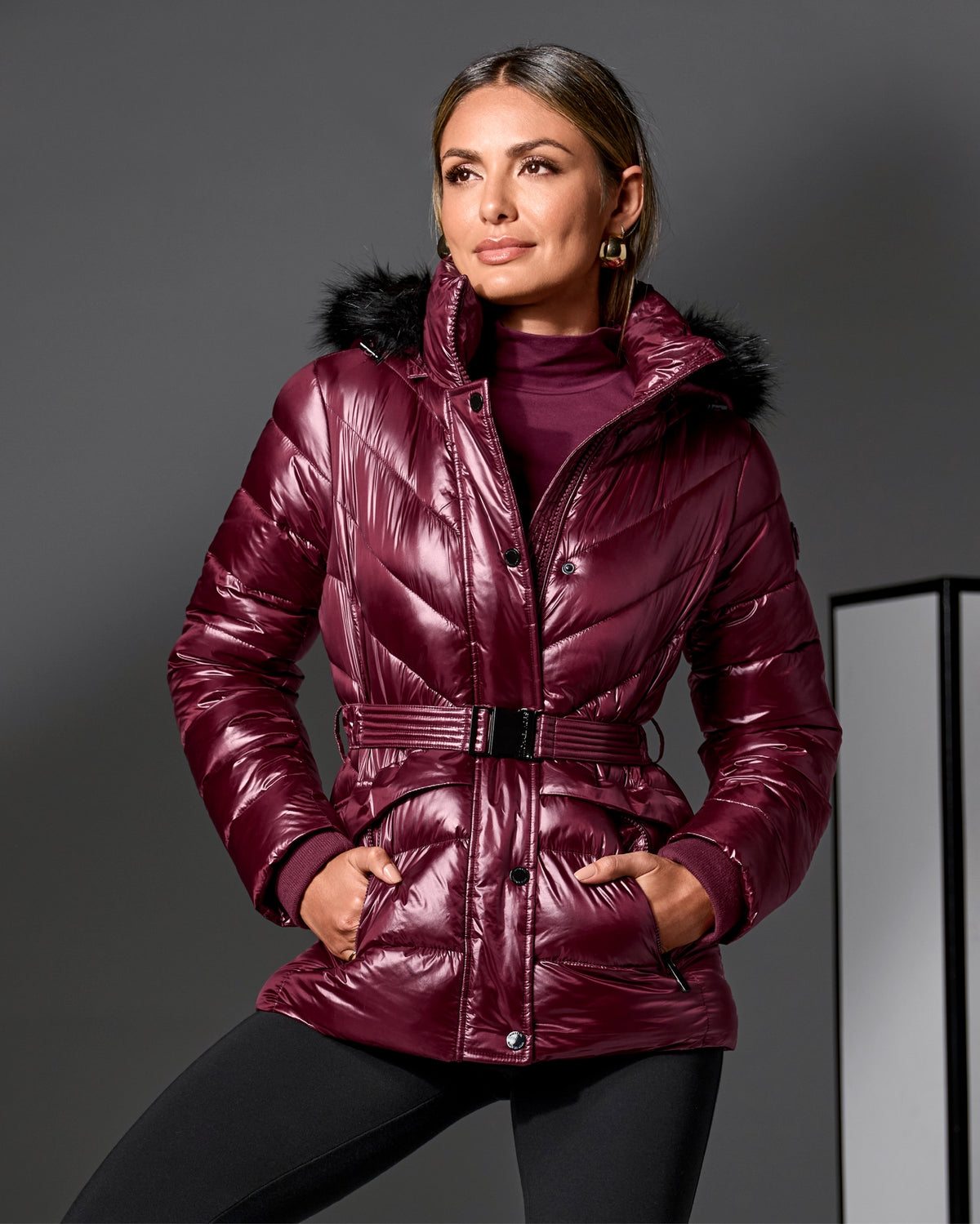 Glossy Finish Faux Fur Trim Hooded Puffer Coat Cabernet