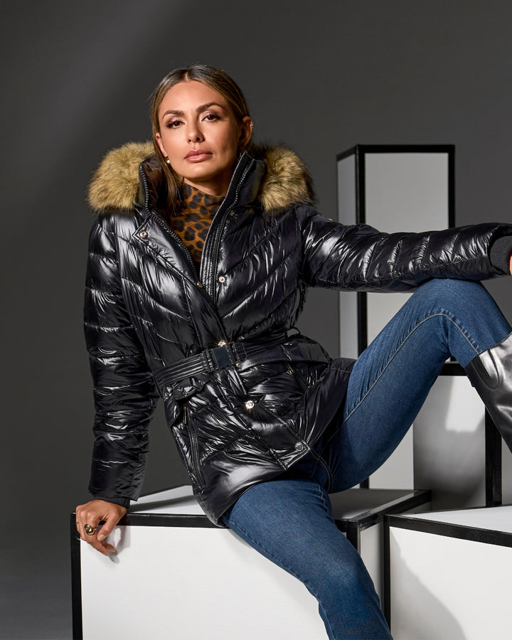 Glossy Finish Faux Fur Trim Hooded Puffer Coat Black