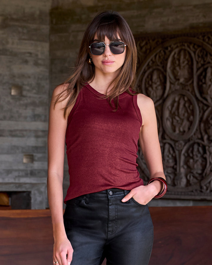 So Essential Metallic Ribbed High Neck Tank Black Cherry