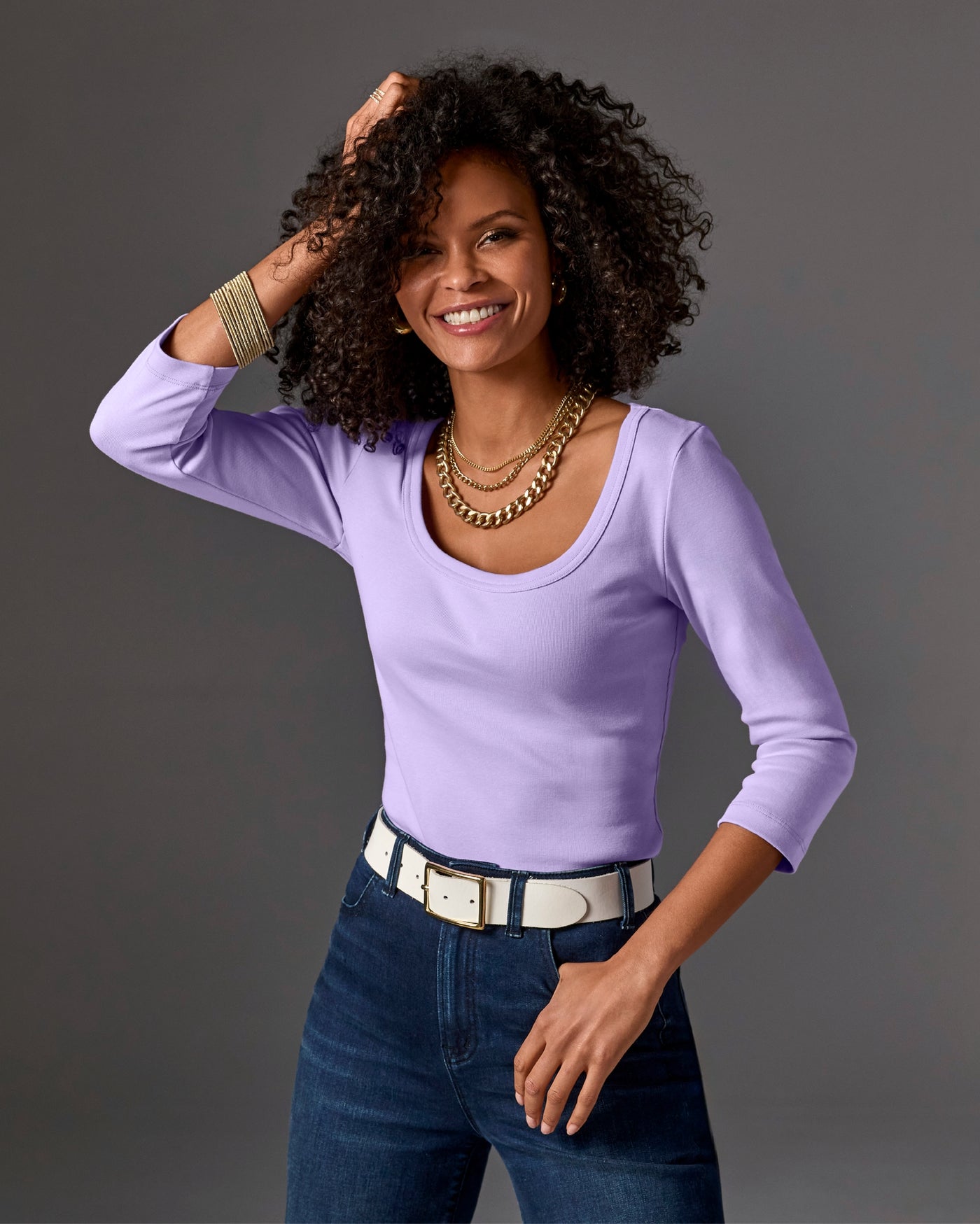Cotton Scoop Neck Three Quarter Sleeve Top Lavendula