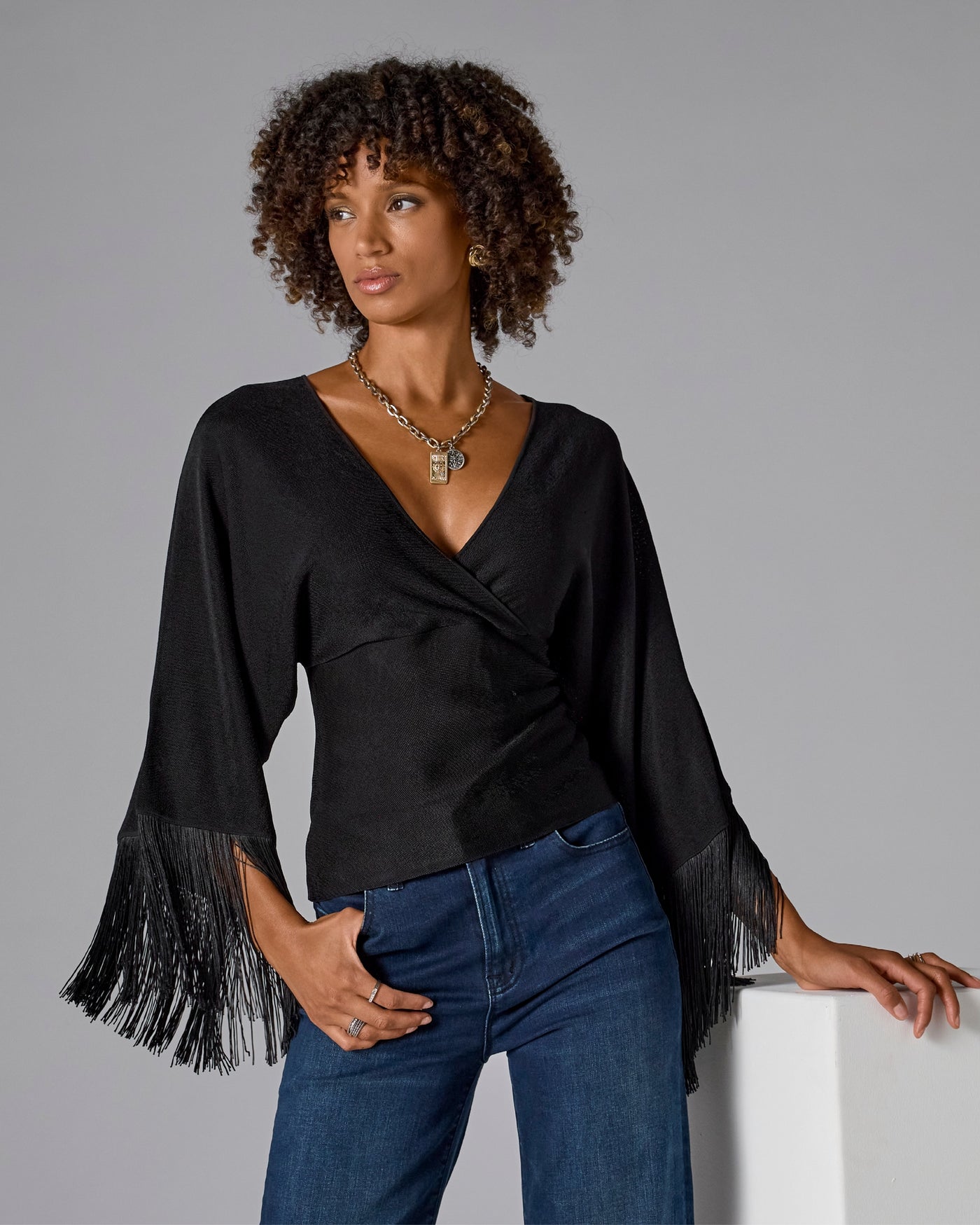 Surplice V-Neck Sleeve Fringe Sweater Top Black
