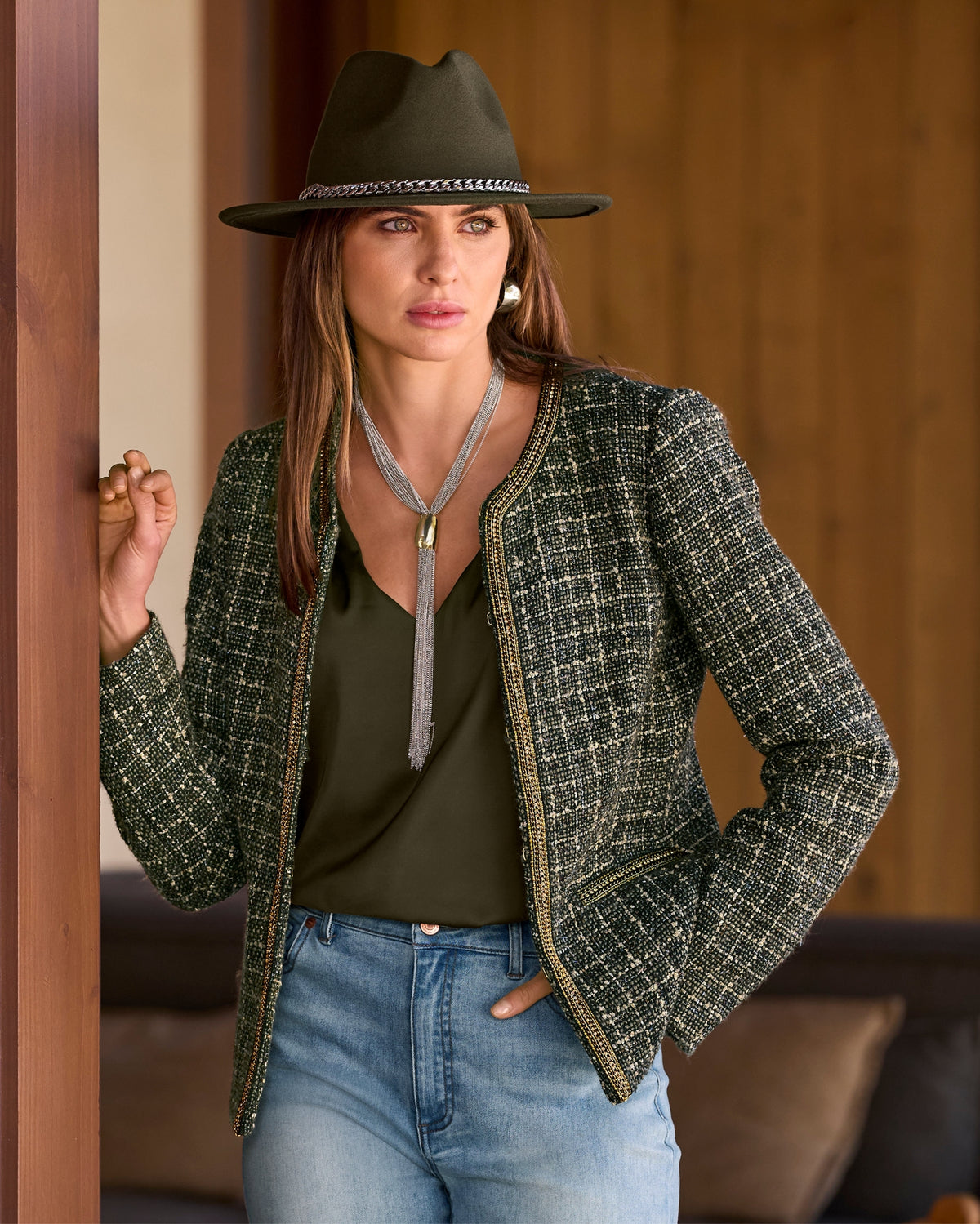 Gold Trim Collarless Tweed Jacket Olive Multi