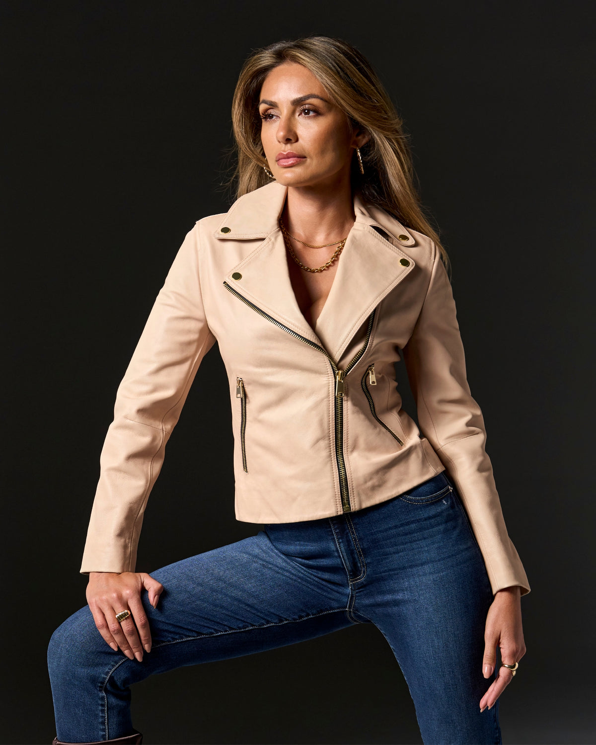 Genuine Leather Zip Detail Moto Jacket Bone