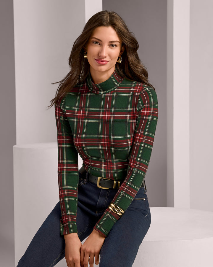Long Sleeve Printed Turtleneck Top Christmas Plaid