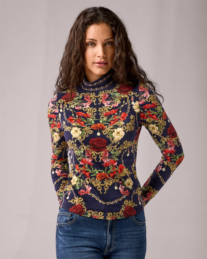 Long Sleeve Printed Turtleneck Top Romance Reveire