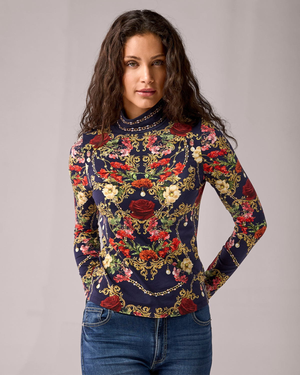 Long Sleeve Printed Turtleneck Top Romance Reveire