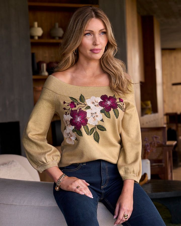 Floral Embroidered Slouchy Sweater Gold