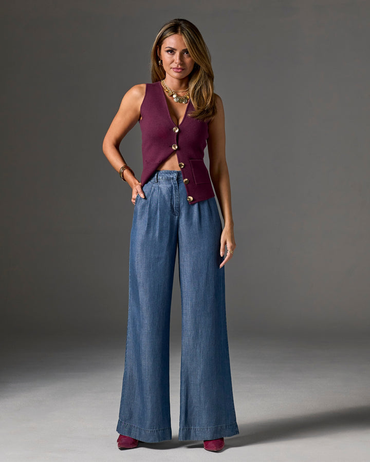 Wide Leg Drapey Denim Pant Deep Blue