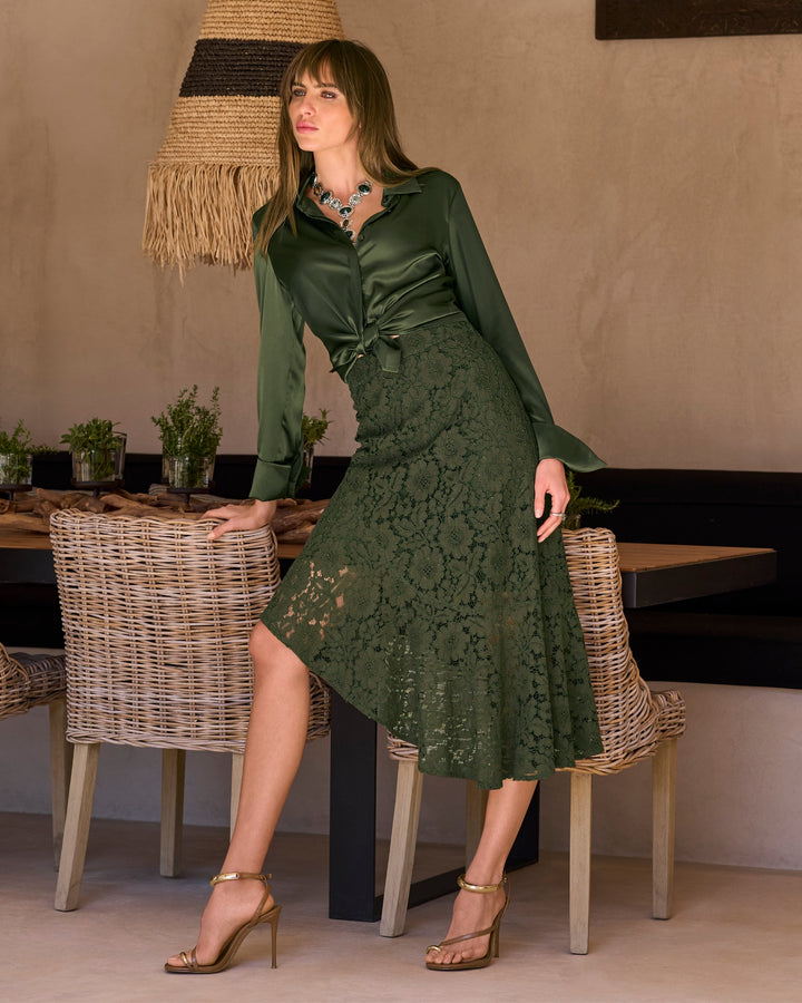 Asymmetrical Lace Midi Skirt Olive