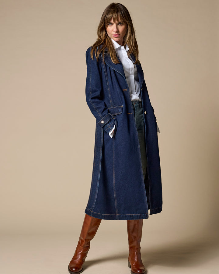 Chic Denim Belted Trench Coat Rinse