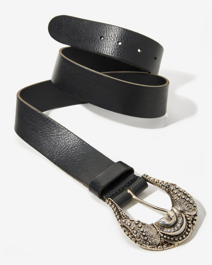 Rhinestone and Studded Buckle Belt Black