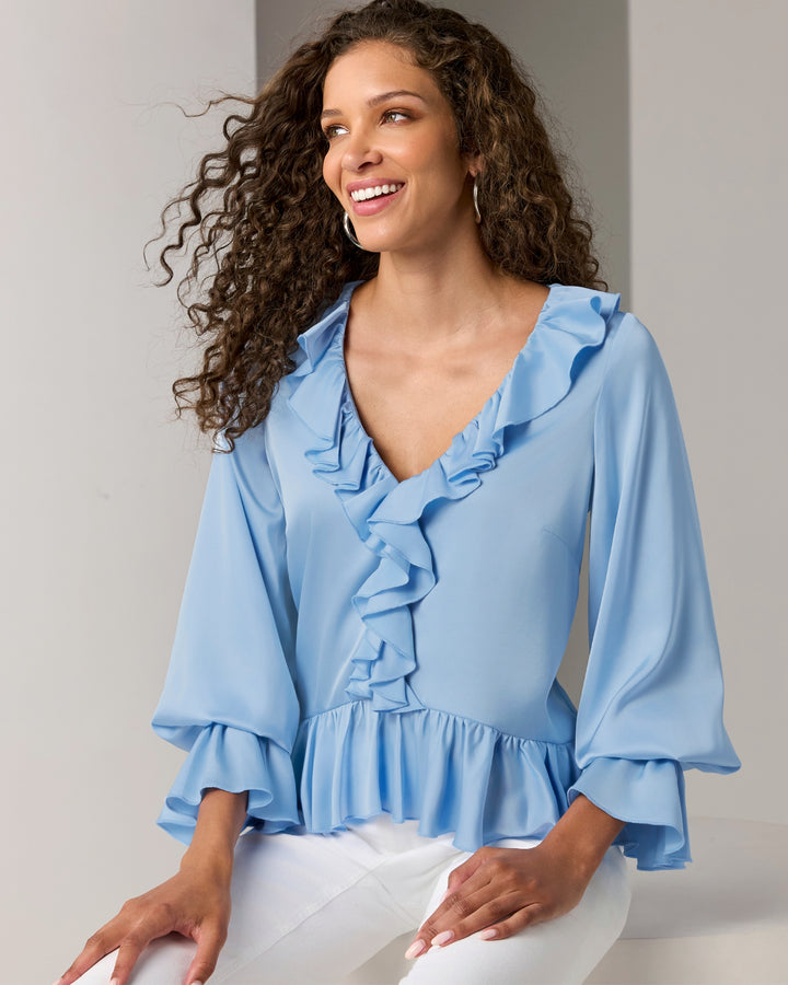 Paige Ruffle Charmeuse Blouse Blue Bell