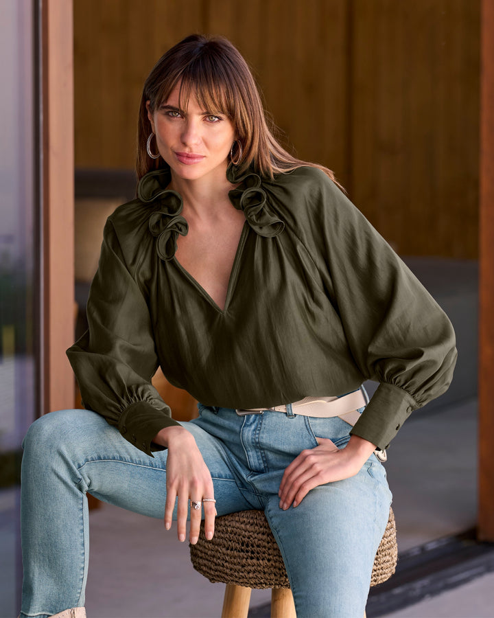 Ruffle Collar Blouse Olive Night