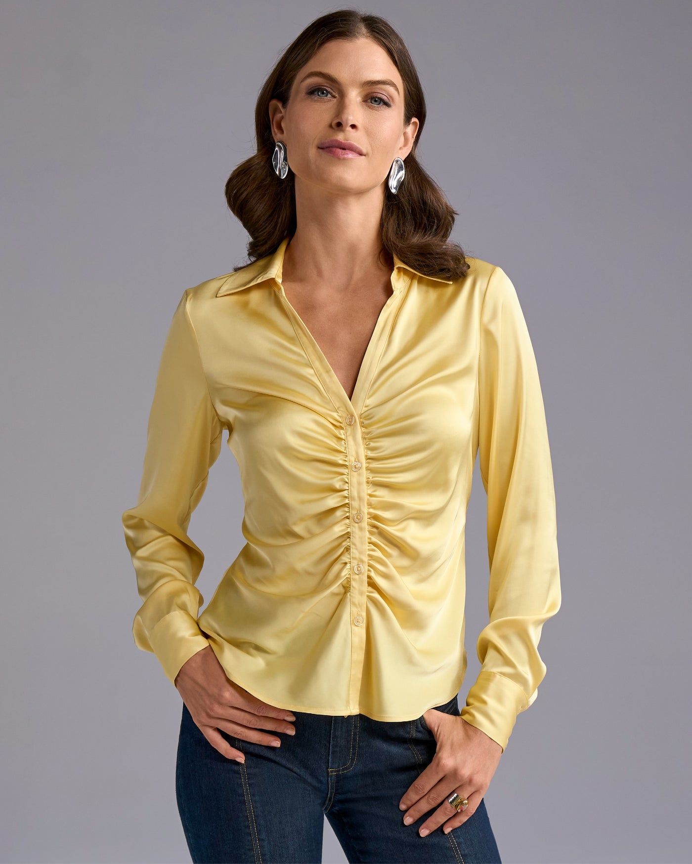 Jessie Charmeuse Ruched Center Front Button Up Shirt Pale Banana