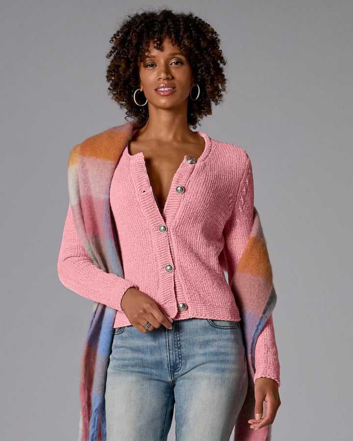 Chenille Long Sleeve Cardigan Coral Blush