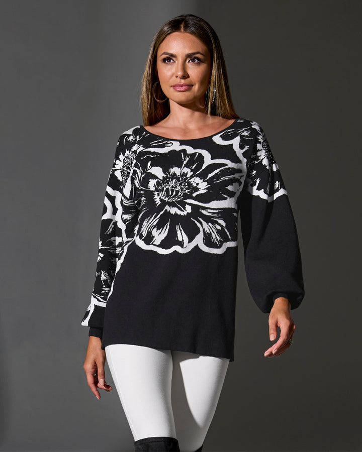 Printed Slouchy Boatneck Sweater Contrast Floral