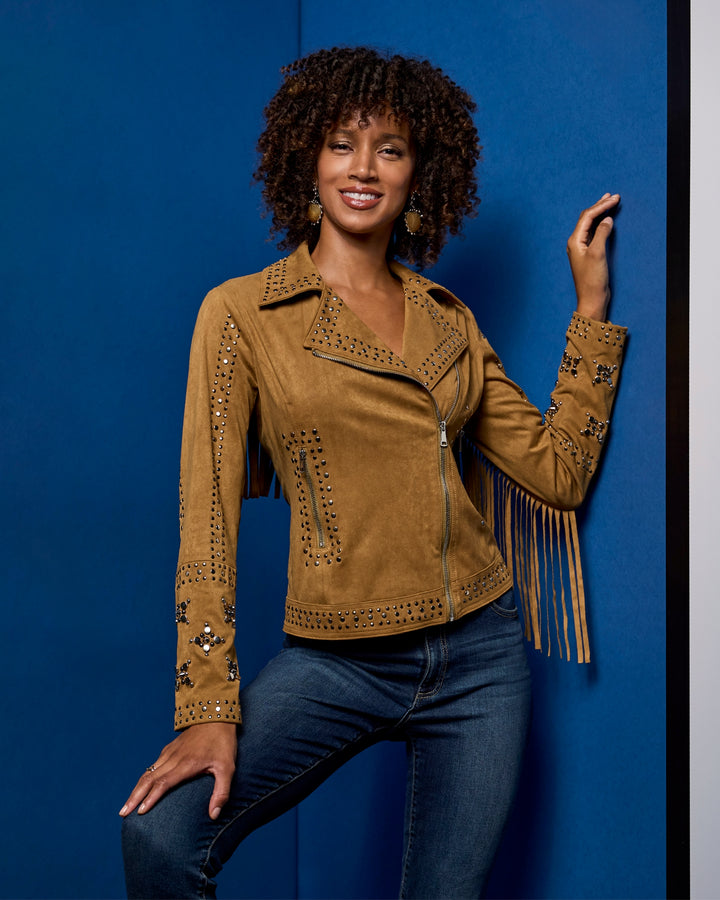 Studded Faux Suede Fringe Moto Jacket Camel