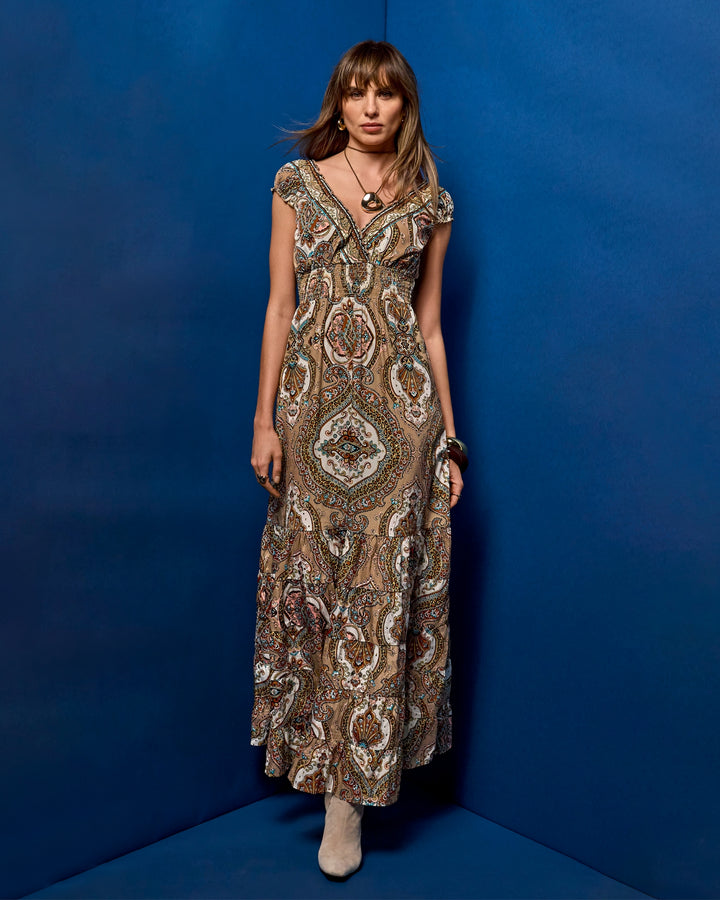 Foil Metallic Print Tiered Maxi Dress Festive Medallion