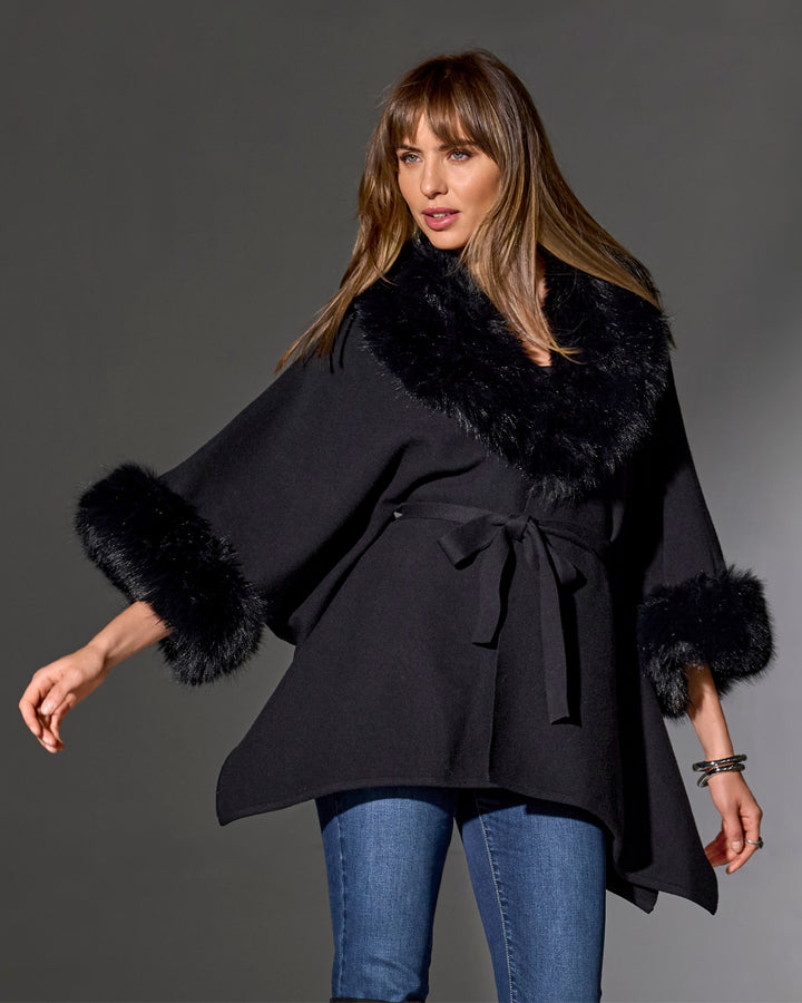 Faux Fur Tie Waist Poncho Proper Black