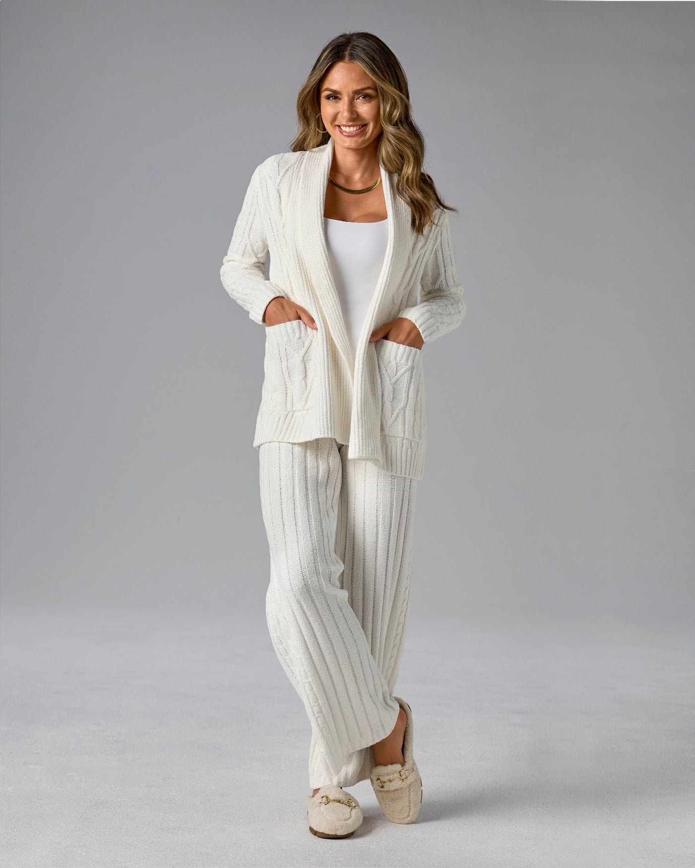 Cable Cardigan Wide Leg Lounge Set Off White