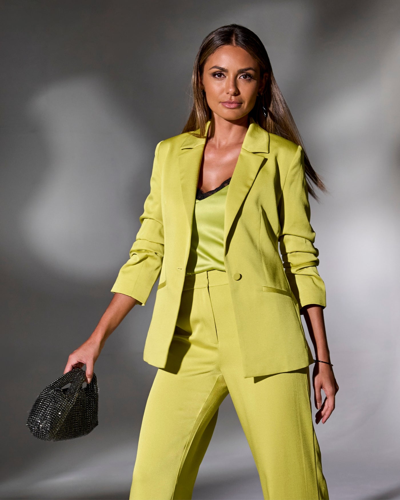 Ruched Sleeve Matte Satin Single Button Blazer Citronelle