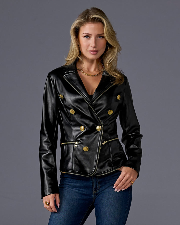 Zip Trim Faux Leather Double Breasted Jacket Black