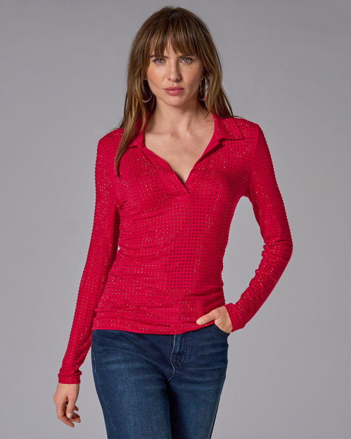 All Over Rhinestone Collared Top Lipstick Red