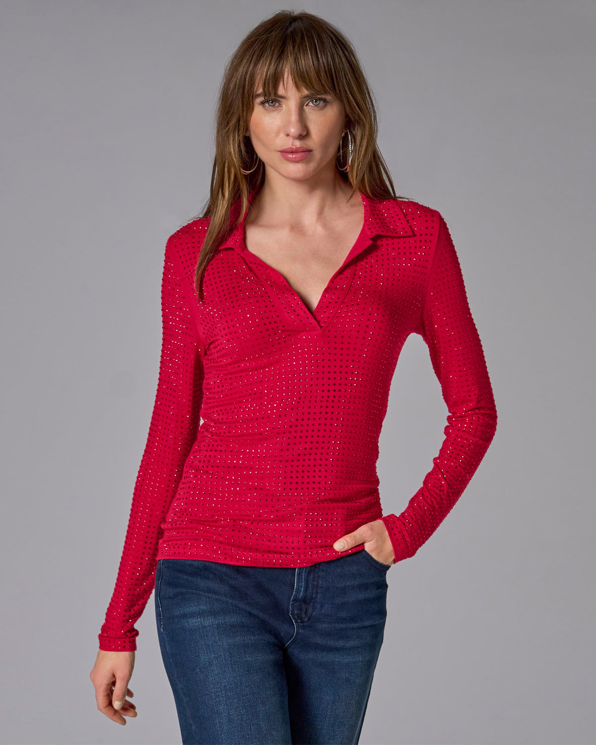 All Over Rhinestone Collared Top Lipstick Red