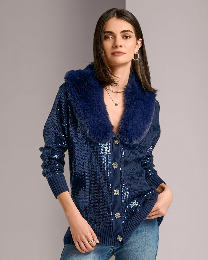 Sequin Embellished Faux Fur Collar Cardigan Navy