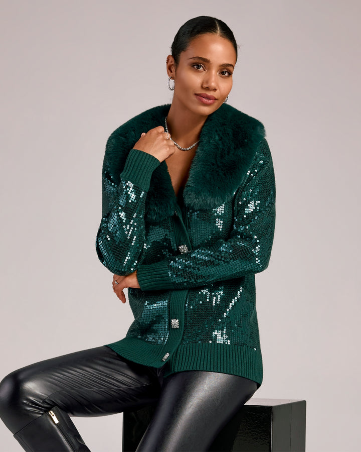 Sequin Embellished Faux Fur Collar Cardigan Deep Emerald