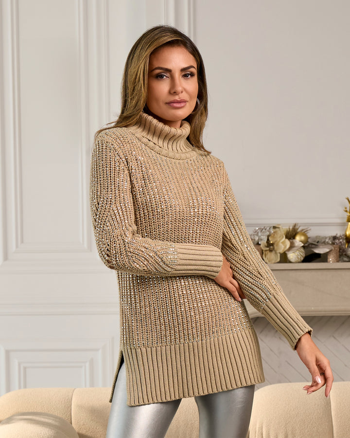 Embellished Turtleneck Sweater Sesame
