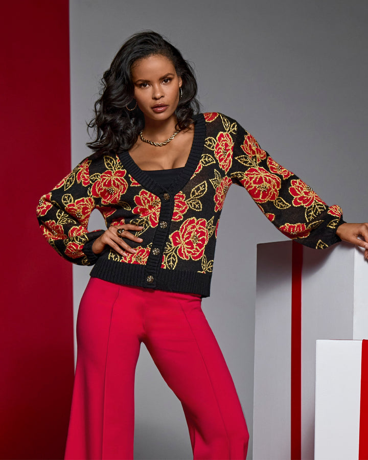Floral Printed Button Up Cardigan Intarsia Rose