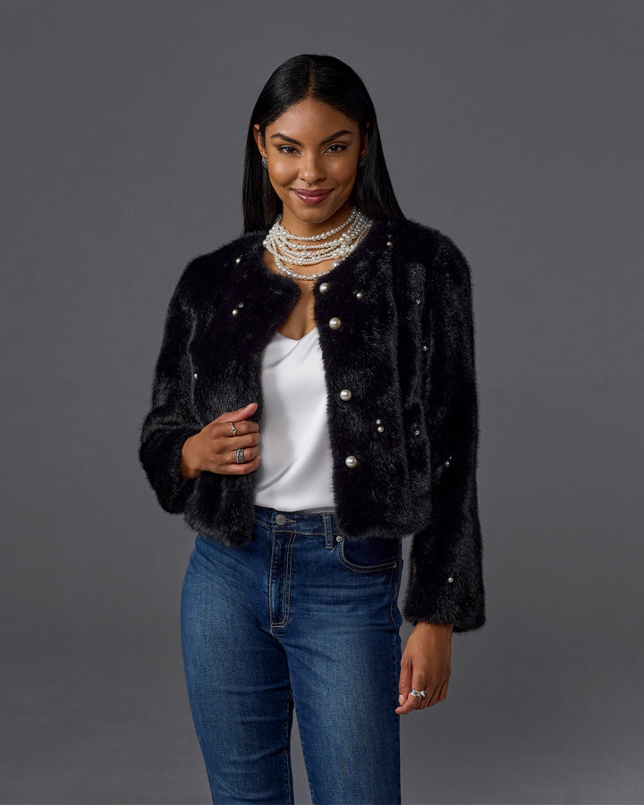 Pearl Embellished Faux Fur Collarless Chubby Black