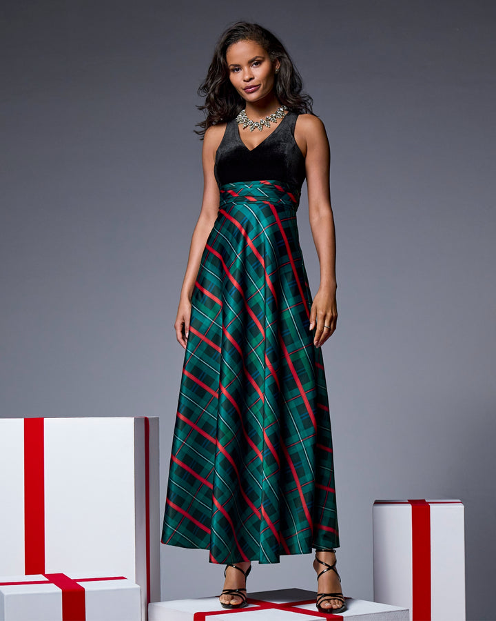 Velvet Bodice Plaid Gown Multi
